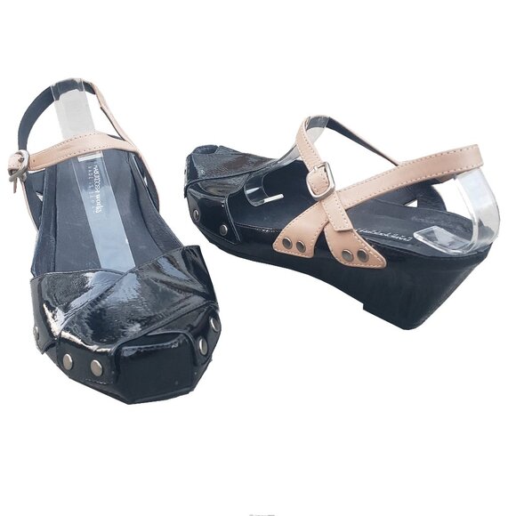 Rabokigoshi Works Shoes Black Patent Criss Cross Vamp Buckle Wedge 9 - Picture 1 of 9